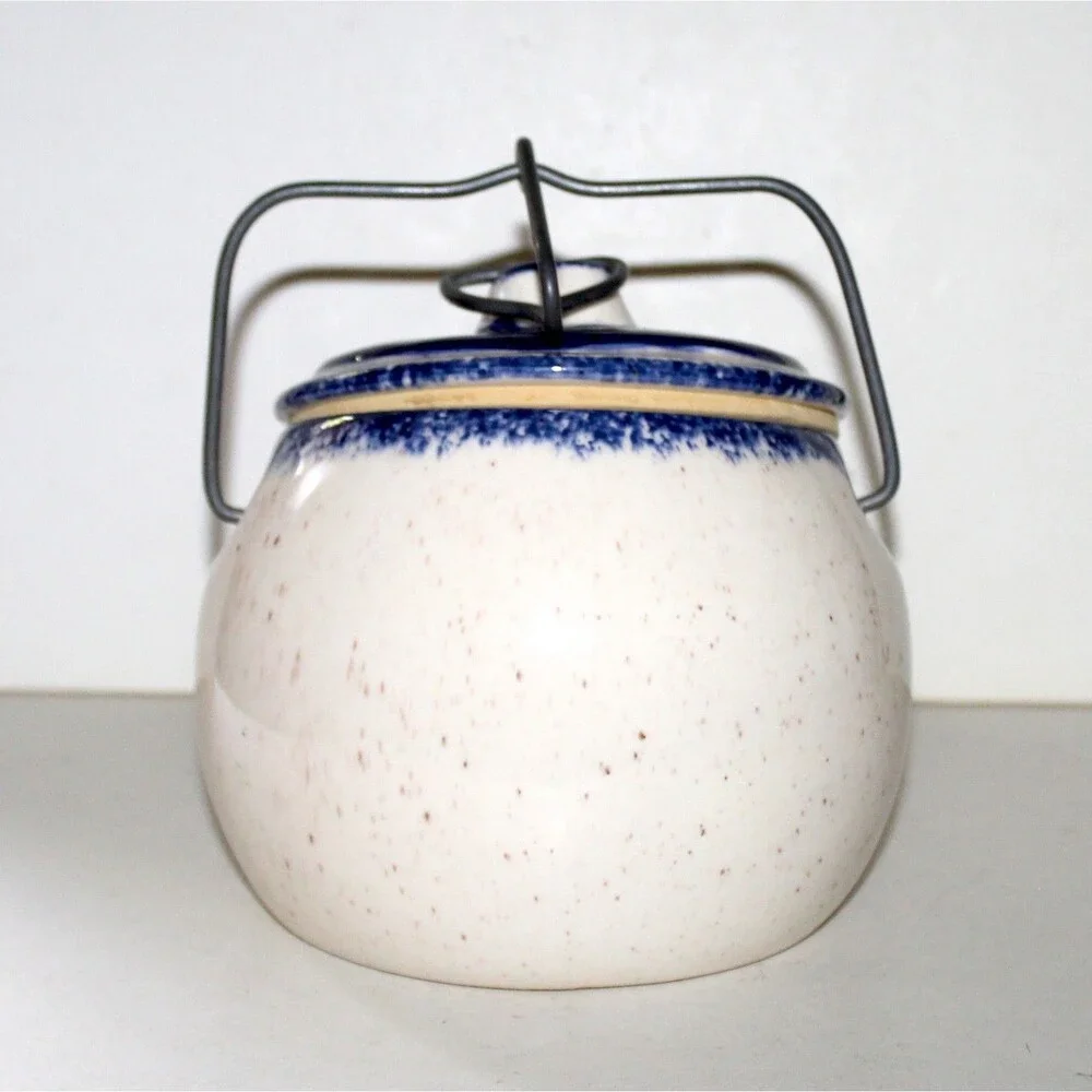 Crock w Locking Lid Tilted Blue Heart canister ceramic farmhouse kitchen decor